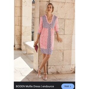 Boden Mollie Dress Floral Patchwork V Neck 3/4 Sleeve Pink Navy Women's US 10R